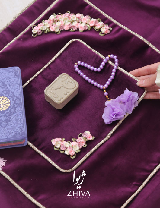 سجاده 3 تيكه مخمل روبان دوزی بادمجانی