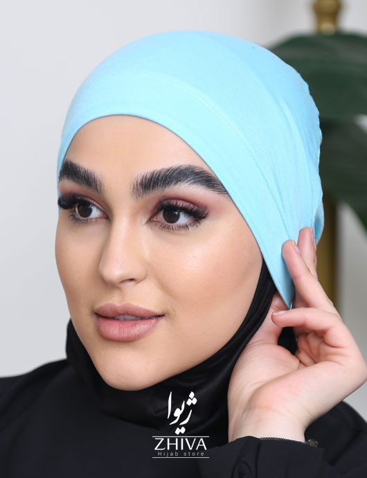 کلاه حجاب پشت بنددار آبی ملايم