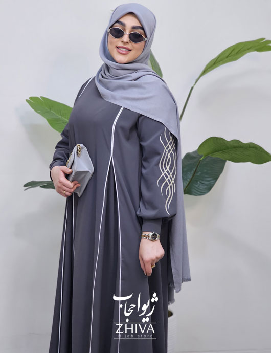 مانتو عبایی ترنم گلدوزی طوسی