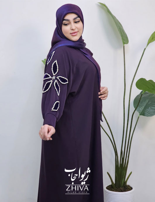 مانتو عبایی ترنج جواهردوزی گل مخمل بنفش