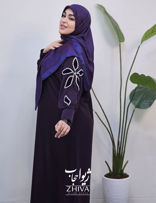 مانتو عبایی ترنج جواهردوزی گل مخمل بنفش