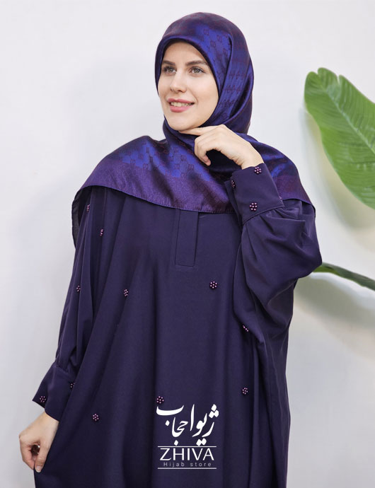 مانتو عبایی ترنج گل مرواریدی سرمه ای
