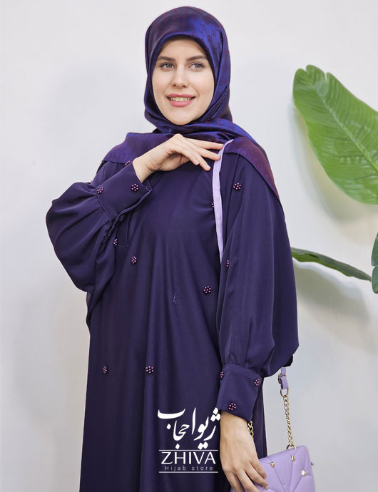 مانتو عبایی ترنج گل مرواریدی سرمه ای