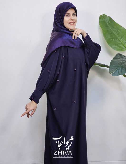 مانتو عبایی ترنج گل مرواریدی سرمه ای