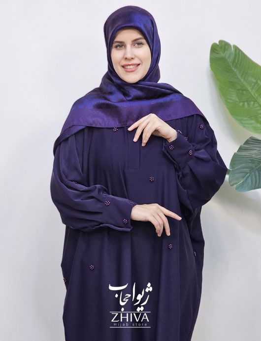 مانتو عبایی ترنج گل مرواریدی سرمه ای