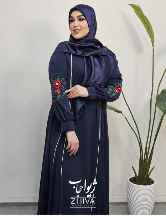 مانتو عبایی ترنم گلدوزی سرمه ای