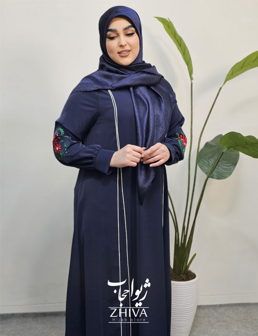 مانتو عبایی ترنم گلدوزی سرمه ای