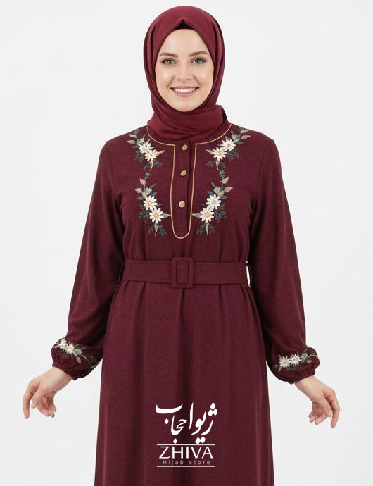 عبا مخمل کبریتی بابونه کمربند دار