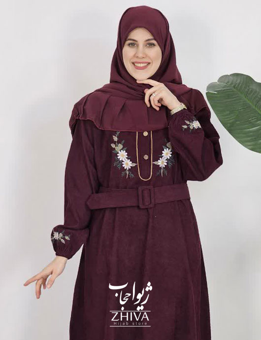 عبا مخمل کبریتی بابونه کمربند دار زرشكی كد 1