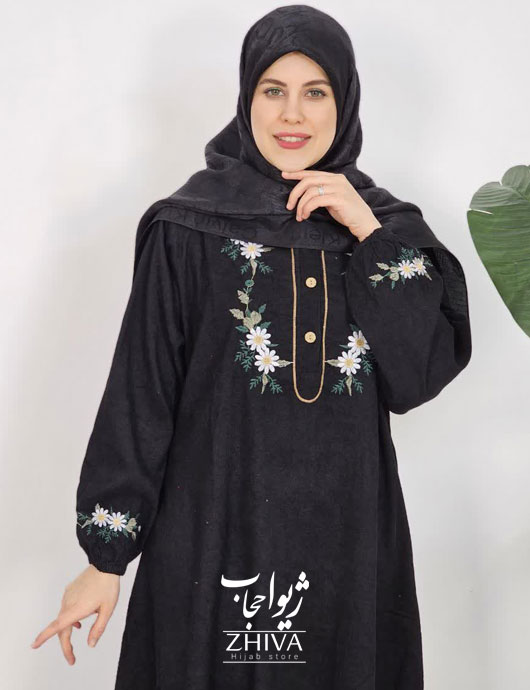 عبا مخمل کبریتی بابونه کمربند دار مشكی كد 7