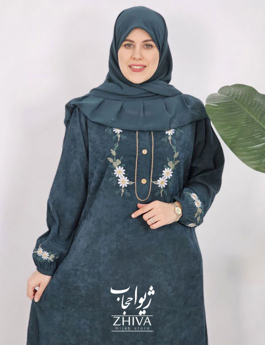 عبا مخمل کبریتی بابونه کمربند دار سبز كد 6