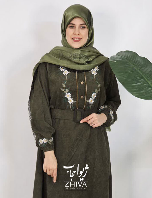 عبا مخمل کبریتی بابونه کمربند دار سبز لجنی كد 5
