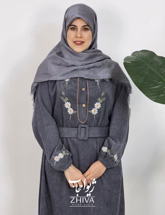 عبا مخمل کبریتی بابونه کمربند دار طوسی كد 4