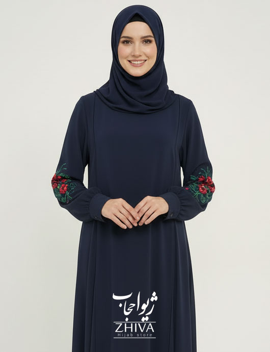 مانتو عبایی ترنم گلدوزی سرمه ای