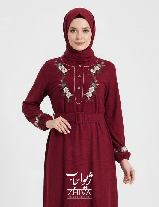 عبا مخمل کبریتی بابونه کمربند دار قرمز كد 2