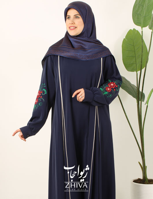 مانتو عبایی ترنم گلدوزی سرمه ای