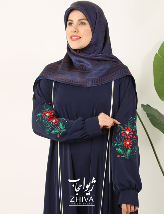مانتو عبایی ترنم گلدوزی سرمه ای كد 1