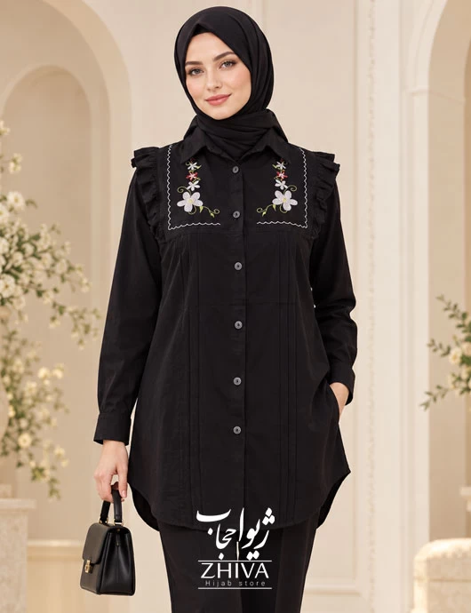 شوميز كتان گلدوزی مشكی كد 1