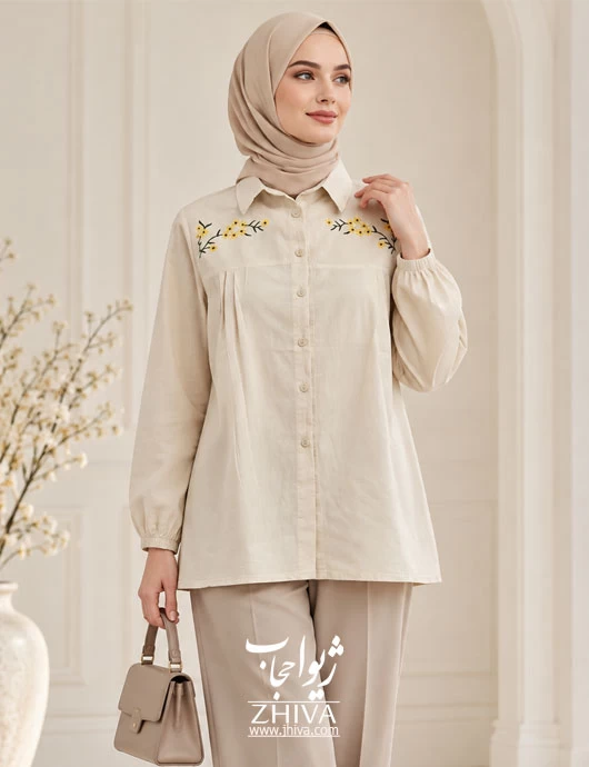 شوميز كتان گلدوزی مچ كشی كرمی كد 2