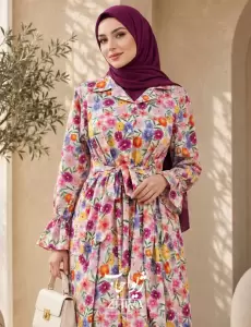 پيراهن ساحلی كلوش یقه دار و جلو دكمه  فلور